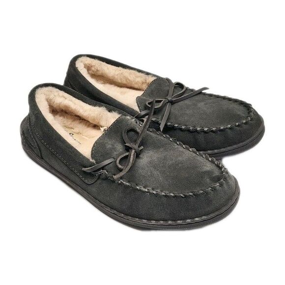 My Slippers Men's Slippers Moccasin Size 8 Gray Faux Fur Lined Suede Leather - Picture 1 of 8